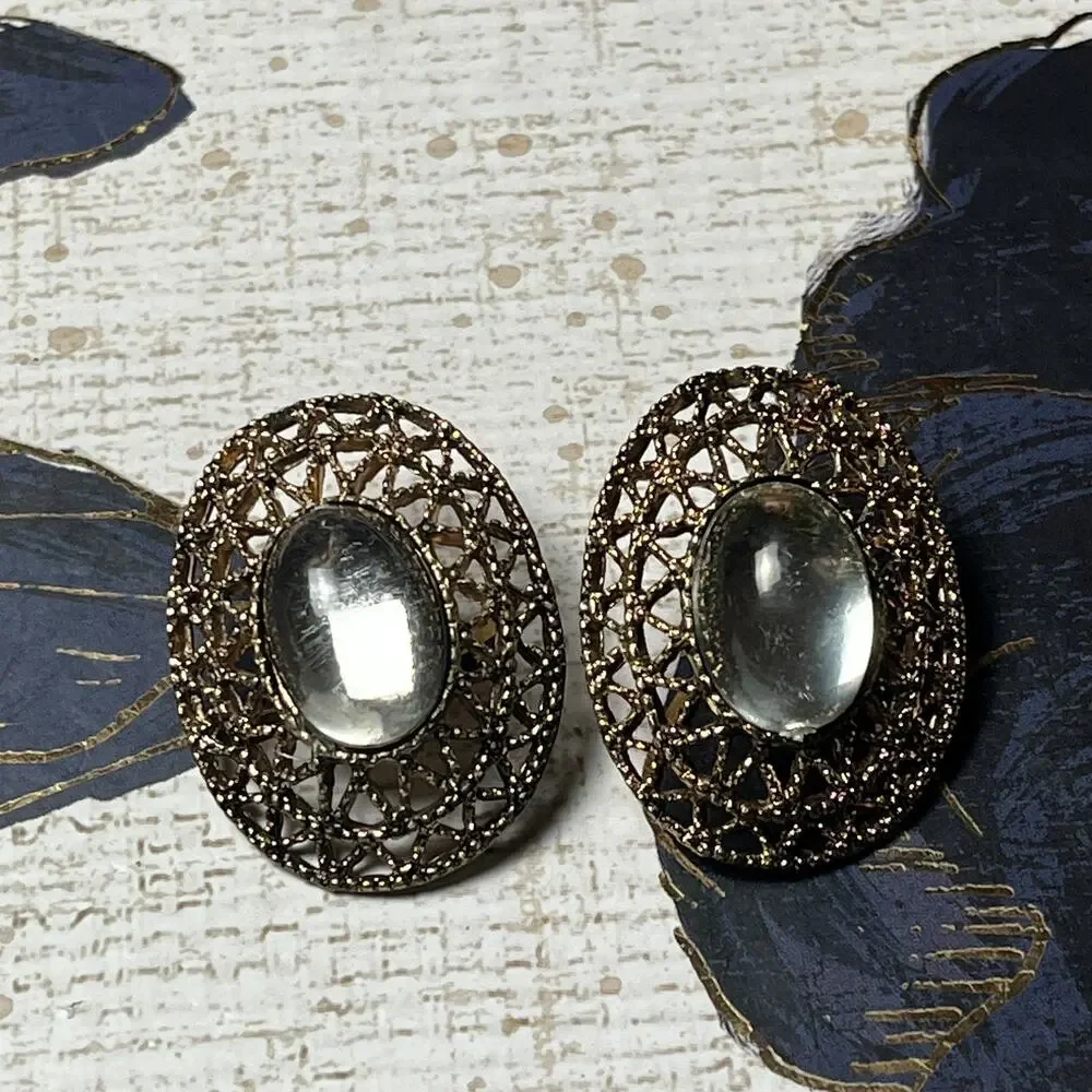 Vintage 80s Gunmetal Silver Stone Statement Earrings - Picture 5 of 6